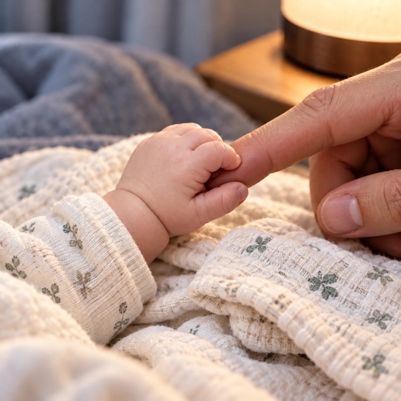 An infant's hand gripping a parent's finger on a blanket, lit by a bedside lamp.