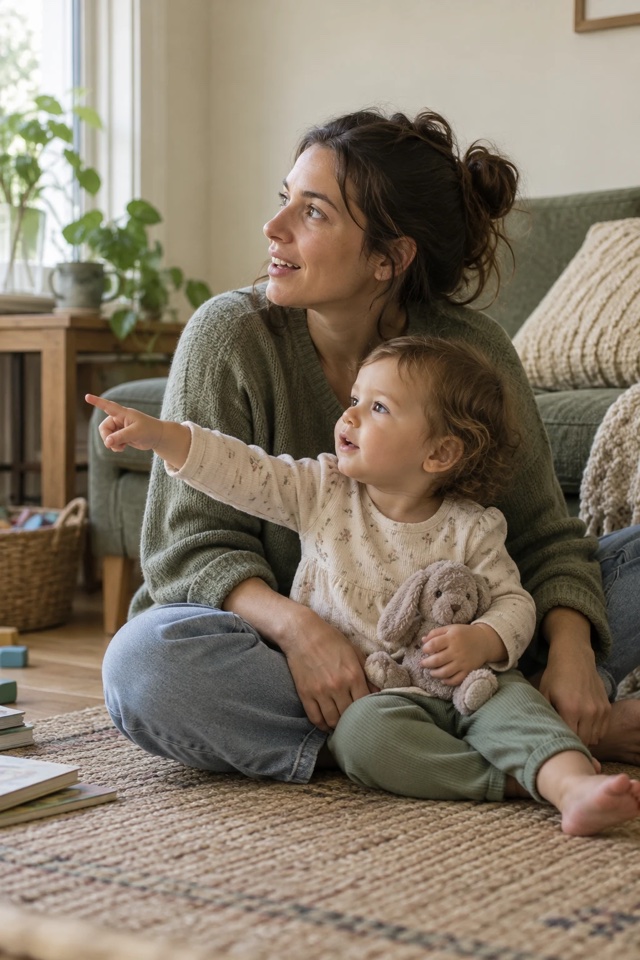 A parent and a toddler sit on the floor by a window. The child points at something outside the frame and the parent looks toward it.