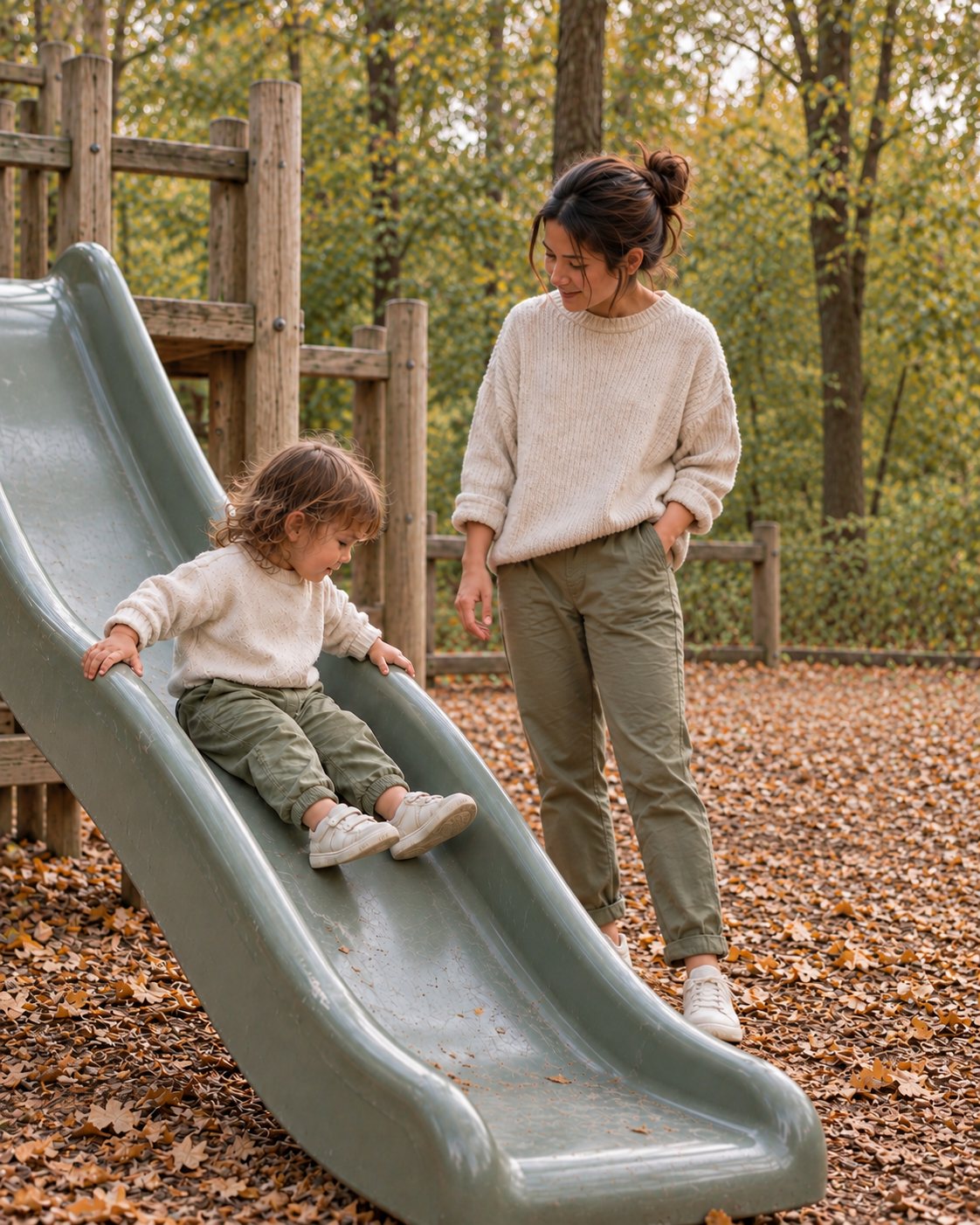 A toddler slides down a sage-green slide, hands on its sides, looking down; a parent stands beside it, one hand in a pocket, watching.
