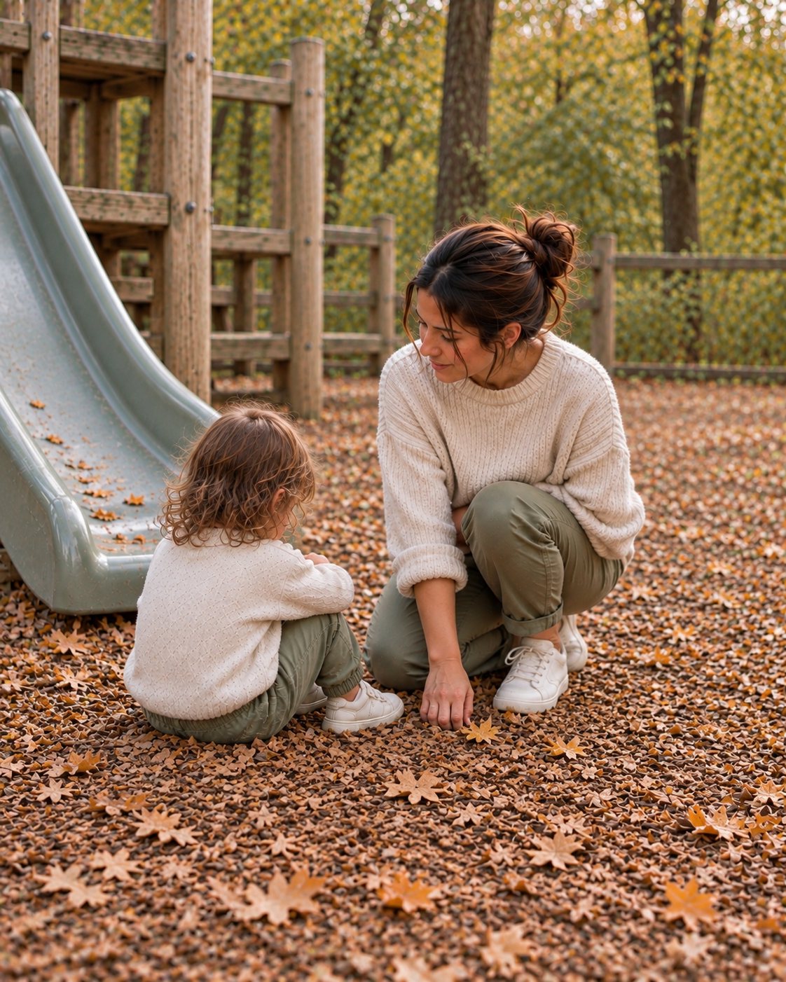 The toddler sits on the leaf-covered ground by the slide, back to the camera; the parent kneels close beside, one hand resting on the ground.