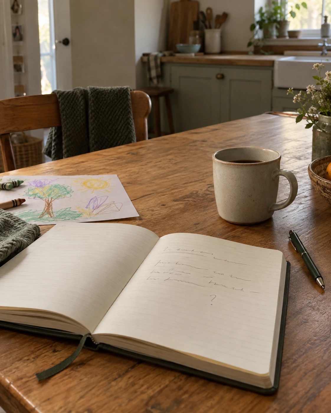 An open notebook with a few handwritten lines and a question mark, a mug, and a child's drawing on a kitchen table after bedtime.