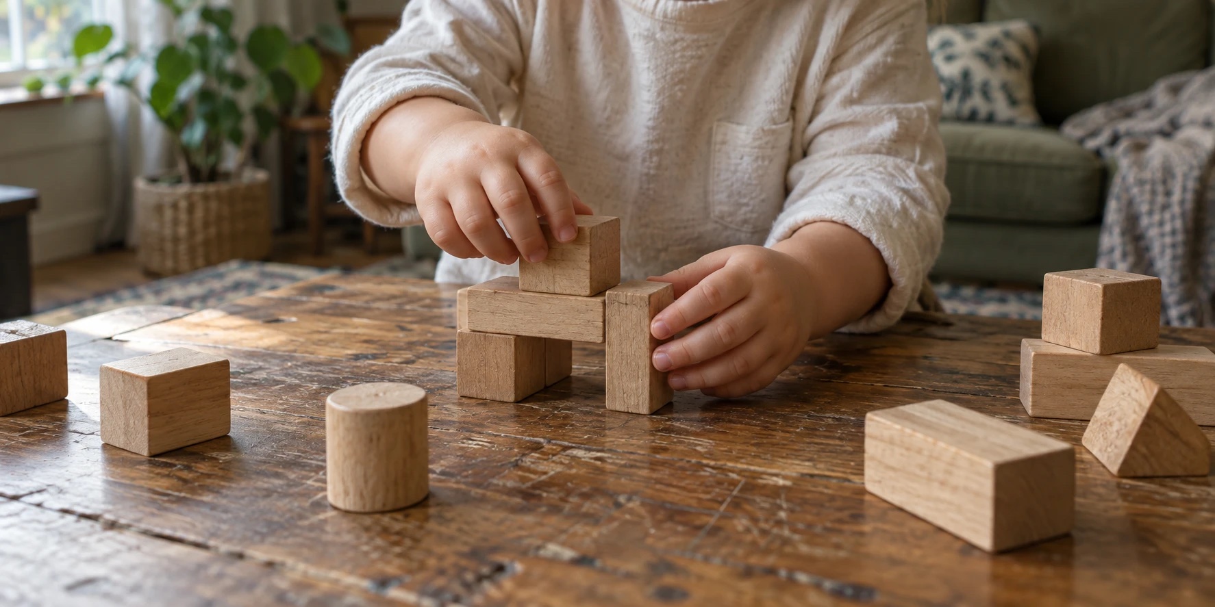 A toddler's hands setting one wooden block on a small bridge of blocks on a scuffed wooden table.