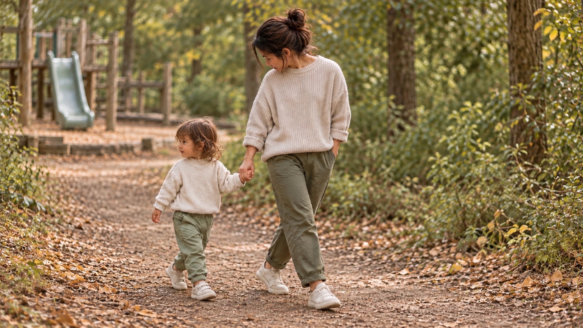 The same parent and toddler walk away from the playground hand in hand, the toddler glancing back at the slide.